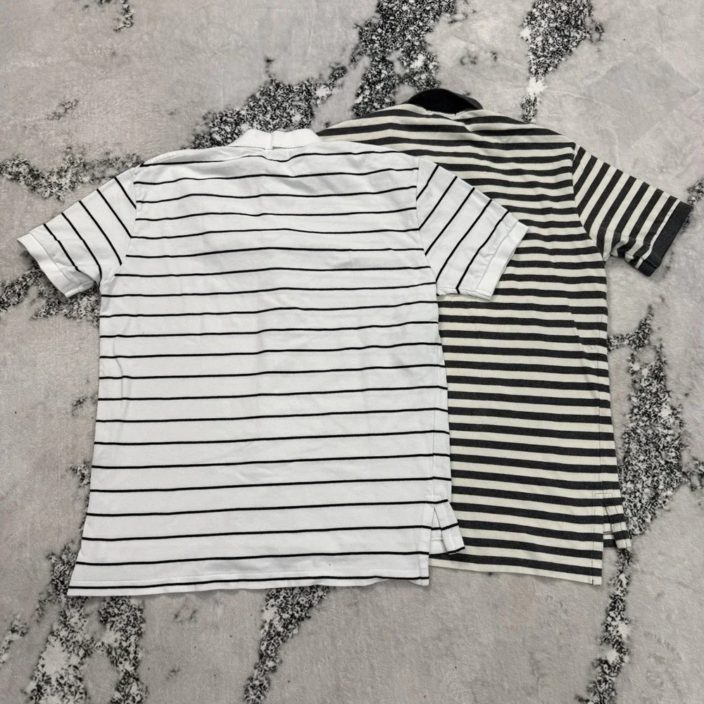 2 Polo Ralph Lauren Mens Large Striped Polo Shirts Gray White 100% Cotton